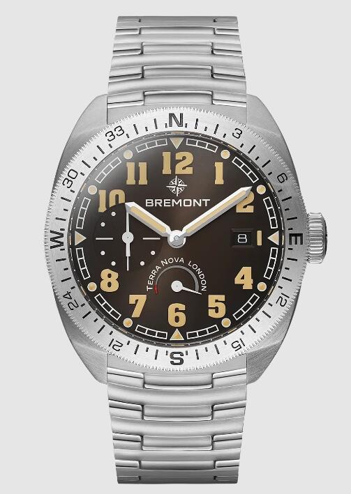 Best Bremont TERRA NOVA 40.5 TURNING BEZEL POWER RESERVE Brown Dial Steel Strap Replica Watch